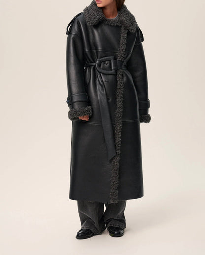 Manteau Long Simili Cuir Peau de Mouton
