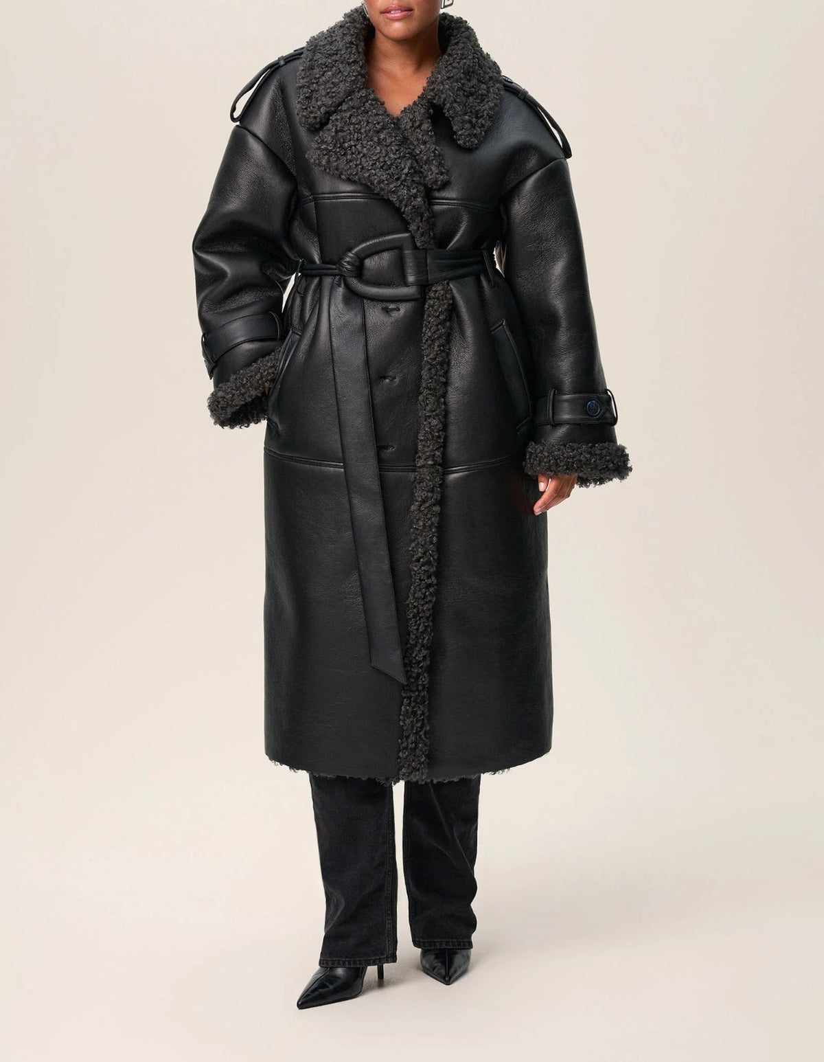 Manteau Long Simili Cuir Peau de Mouton