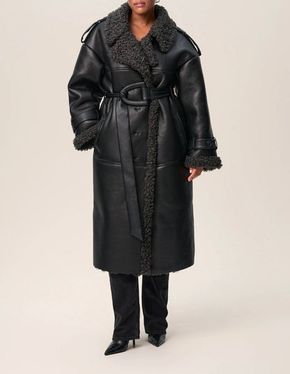 Manteau Long Simili Cuir Peau de Mouton