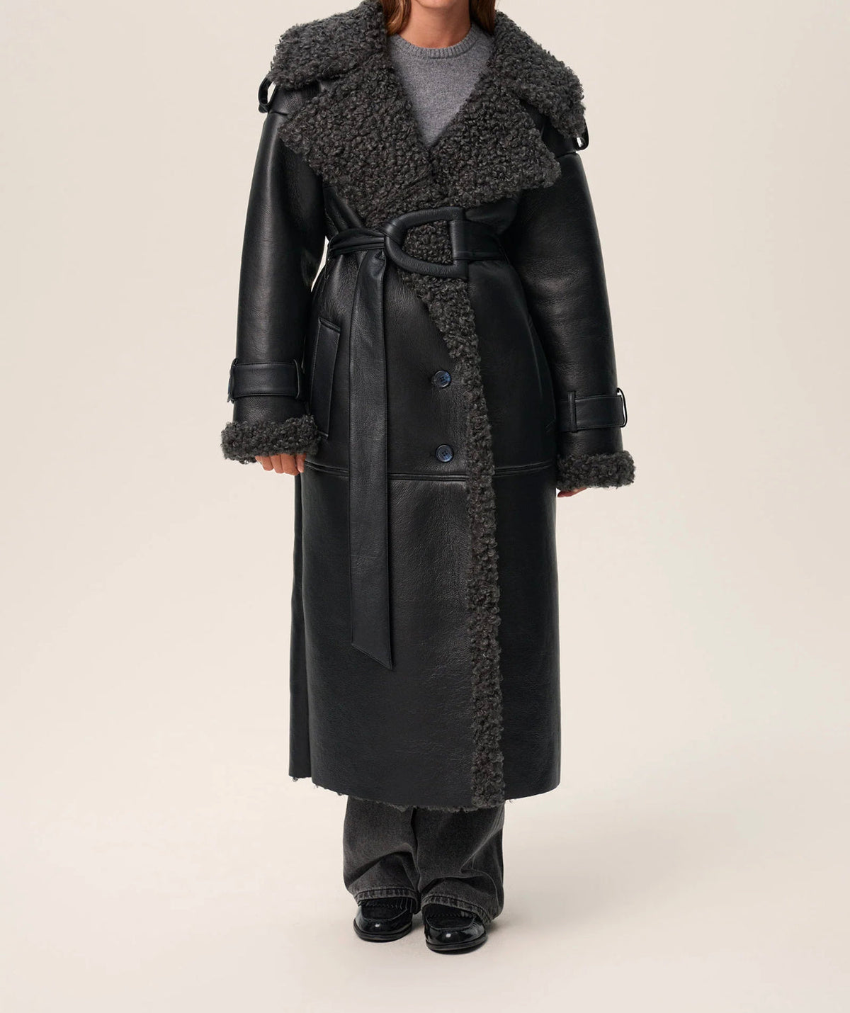 Manteau Long Simili Cuir Peau de Mouton