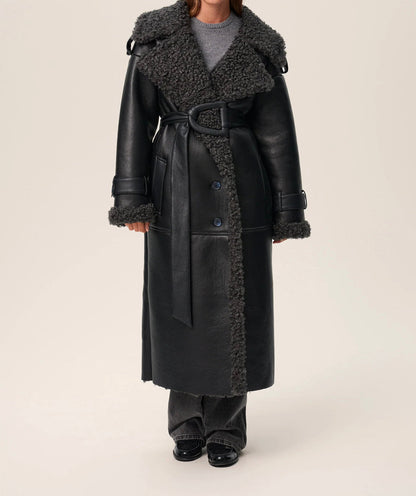 Manteau Long Simili Cuir Peau de Mouton