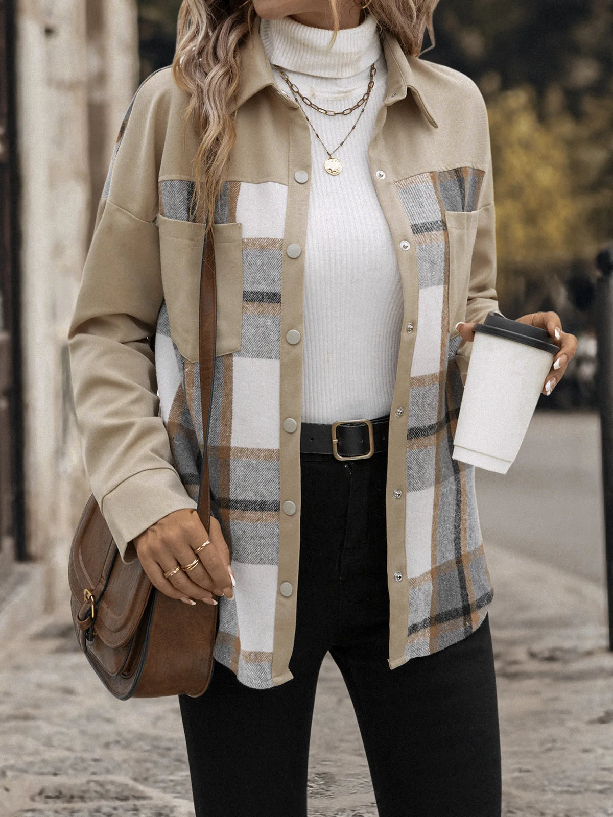 Manteau Cardigan à Carreaux Kaki