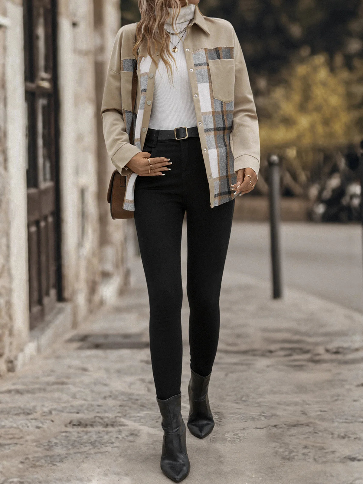 Manteau Cardigan à Carreaux Kaki